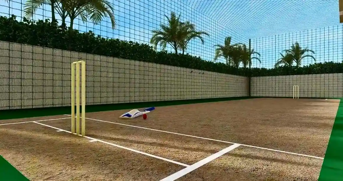 Elegant living room with blue ottoman