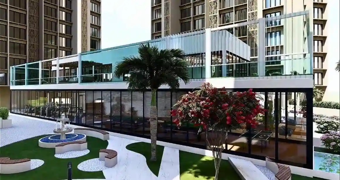 Elegant living room with blue ottoman