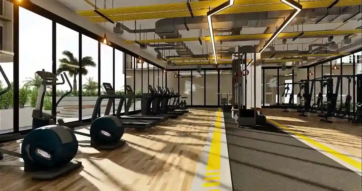 Elegant living room with blue ottoman