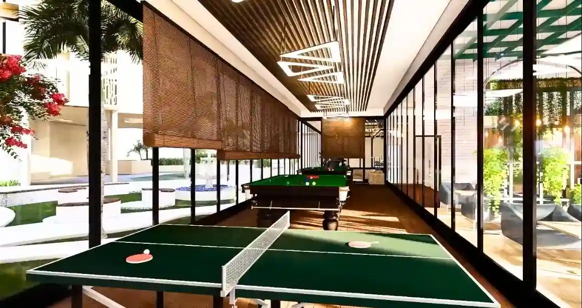 Elegant living room with blue ottoman