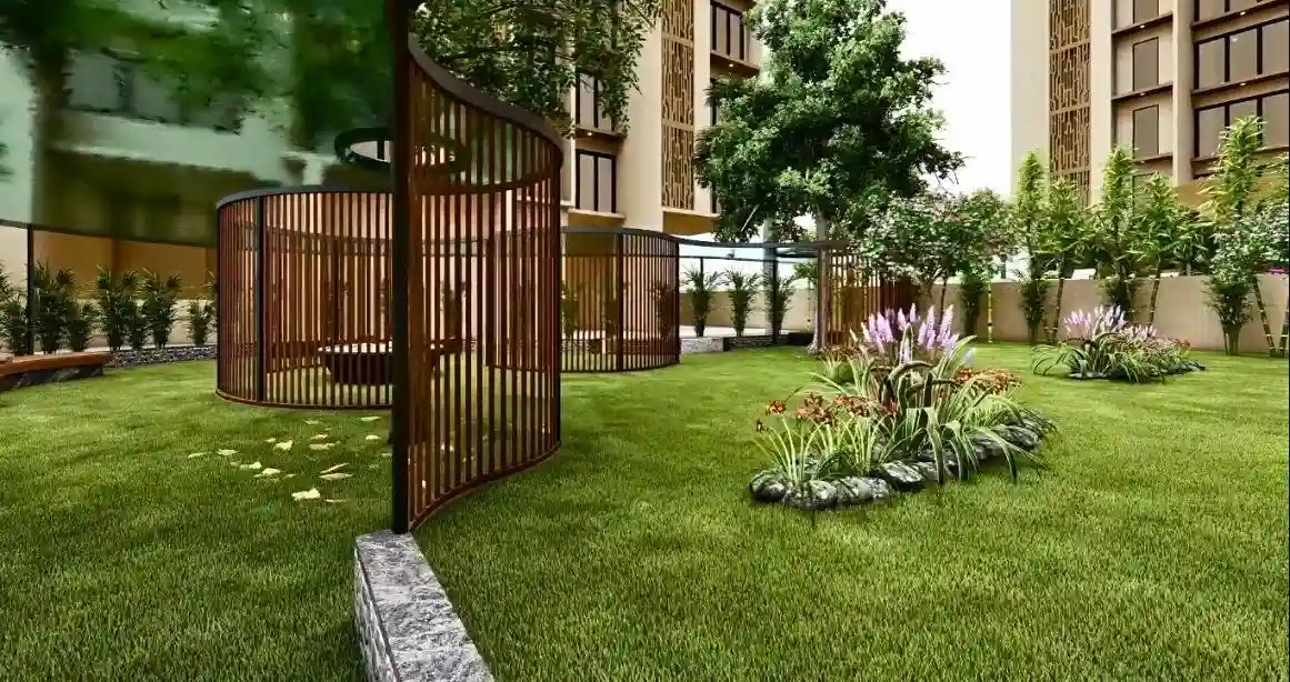 Elegant living room with blue ottoman