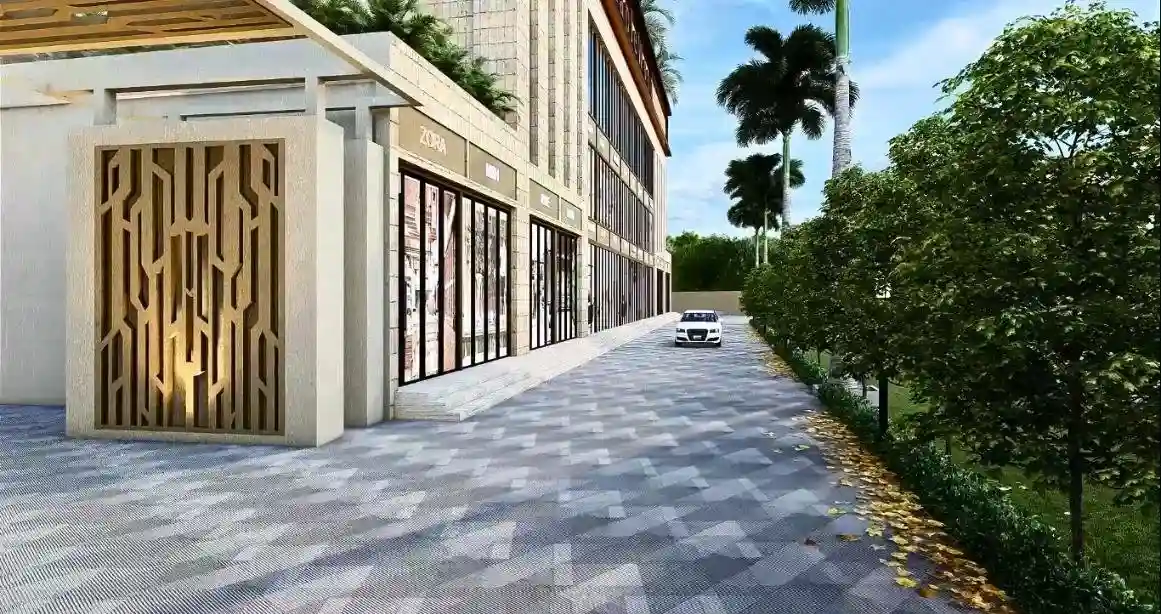 Elegant living room with blue ottoman